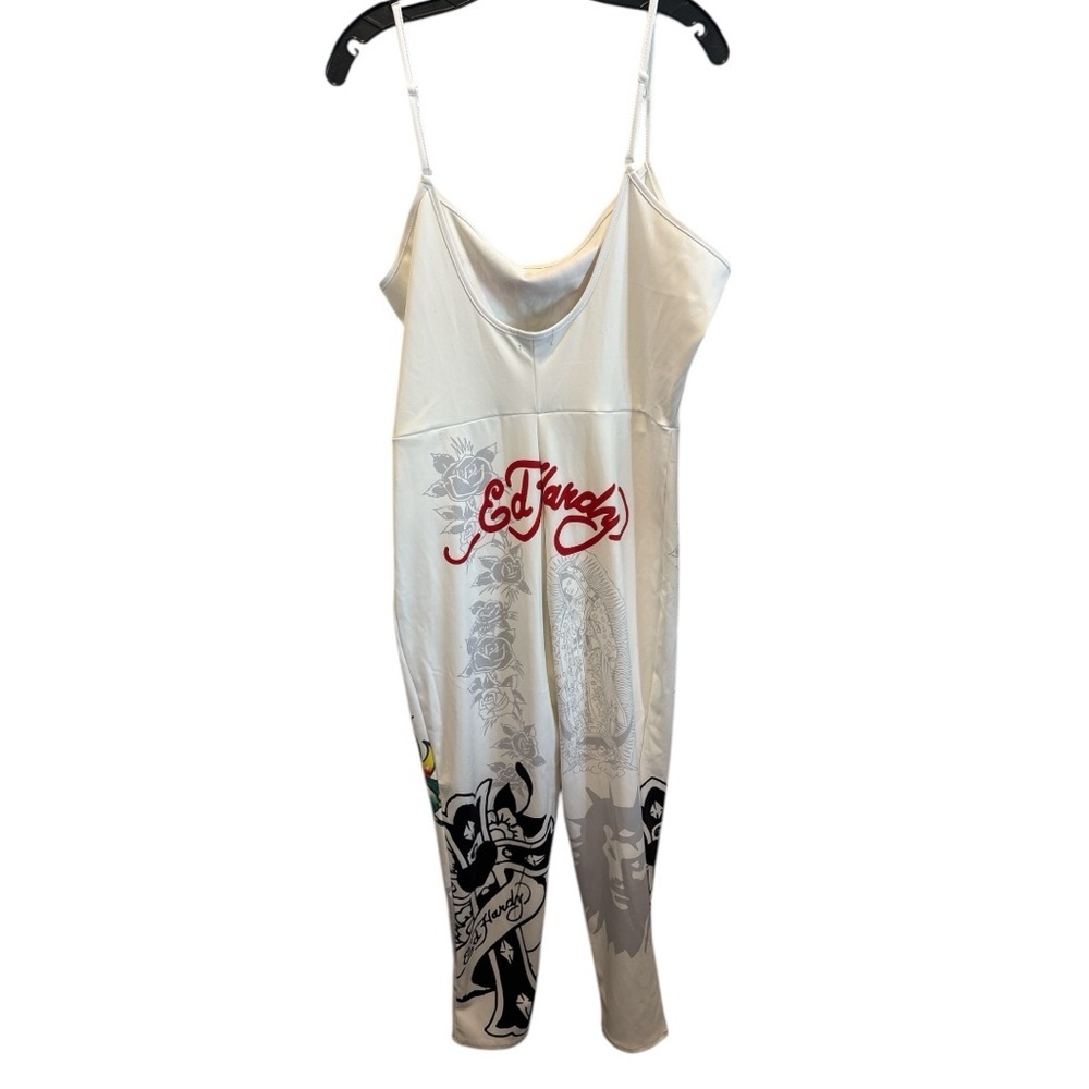 ED HARDY 2x NWT sacred heart graphic covered jumpsuit skin tight white - Picture 15 of 16